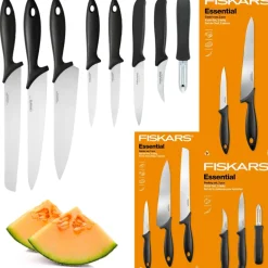 FISKARS ESSENTIAL Komplet 8 noży (kuchenne + Szefa + do obierania) w pudełku / stal nierdzewna