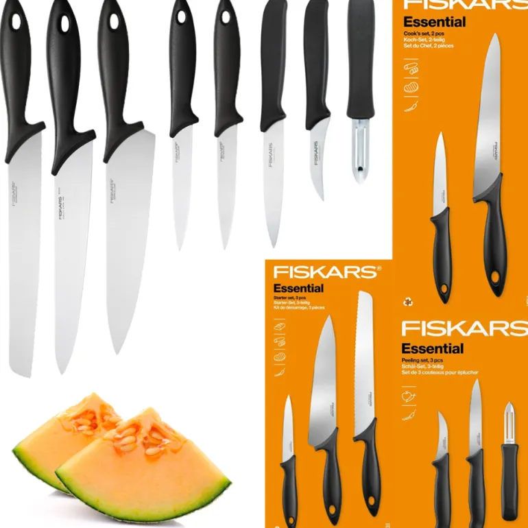 FISKARS ESSENTIAL Komplet 8 noży (kuchenne + Szefa + do obierania) w pudełku / stal nierdzewna