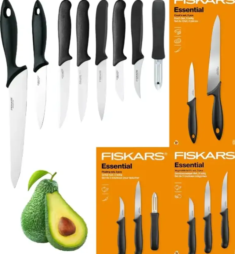 FISKARS ESSENTIAL Komplet 8 noży (kuchenne +do warzyw +do obierania) w pudełku | stal nierdzewna HRC 53