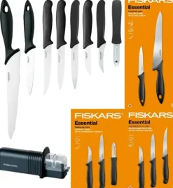 FISKARS ESSENTIAL Komplet 8 noży (kuchenne +do warzyw +do obierania) w pudełku + Ostrzałka ESSENTIAL