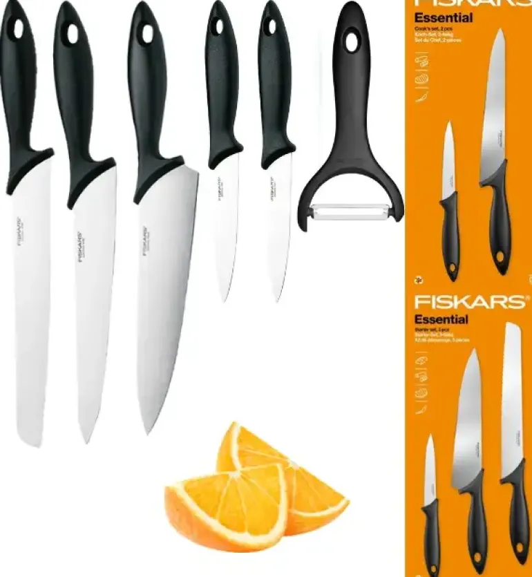 FISKARS ESSENTIAL Komplet 5 noży (kuchenne +Szefa) w pudełku + Skrobaczka ESSENTIAL