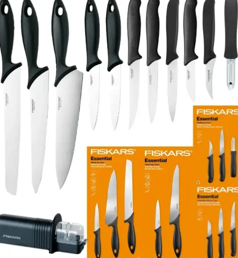 FISKARS ESSENTIAL Komplet 11 noży (kuchenne +Szefa+do obierania+do warzyw) w pudełku + Ostrzałka ESSENTIAL