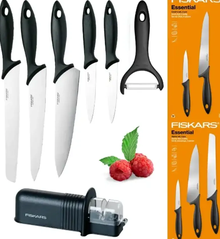 FISKARS ESSENTIAL Komplet 5 noży (kuchenne +Szefa) w pudełku + Ostrzałka + Skrobaczka ESSENTIAL
