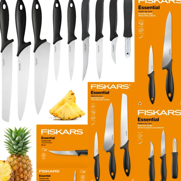 FISKARS ESSENTIAL Komplet 9 noży (kuchenne + Szefa + do obierania + do pomidorów) / stal nierdzewna