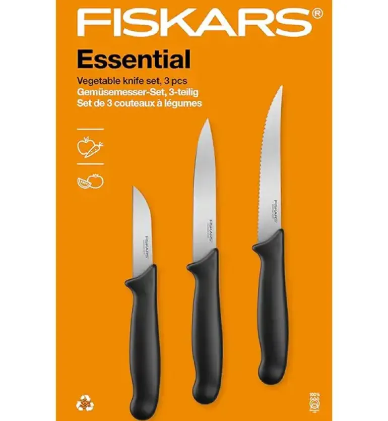 FISKARS ESSENTIAL Komplet 11 noży (kuchenne +Szefa+do obierania+do warzyw) w pudełku + Skrobaczka ESSENTIAL