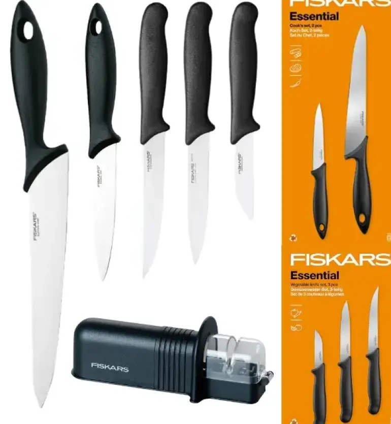 FISKARS ESSENTIAL Komplet 5 noży (kuchenne +do warzyw) w pudełku | stal nierdzewna HRC 53 + Ostrzałka ESSENTIAL