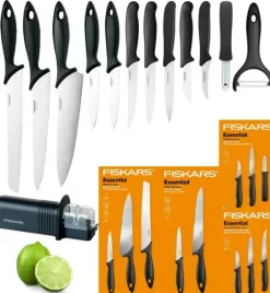 FISKARS ESSENTIAL Komplet 11 noży (kuchenne +Szefa+do obierania+do warzyw) w pudełku + Ostrzałka + Skrobaczka ESSENTIAL