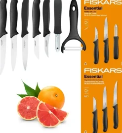 FISKARS ESSENTIAL Komplet 6 noży (do warzyw i do obierania) / stal nierdzewna HRC 53 + Skrobaczka ESSENTIAL