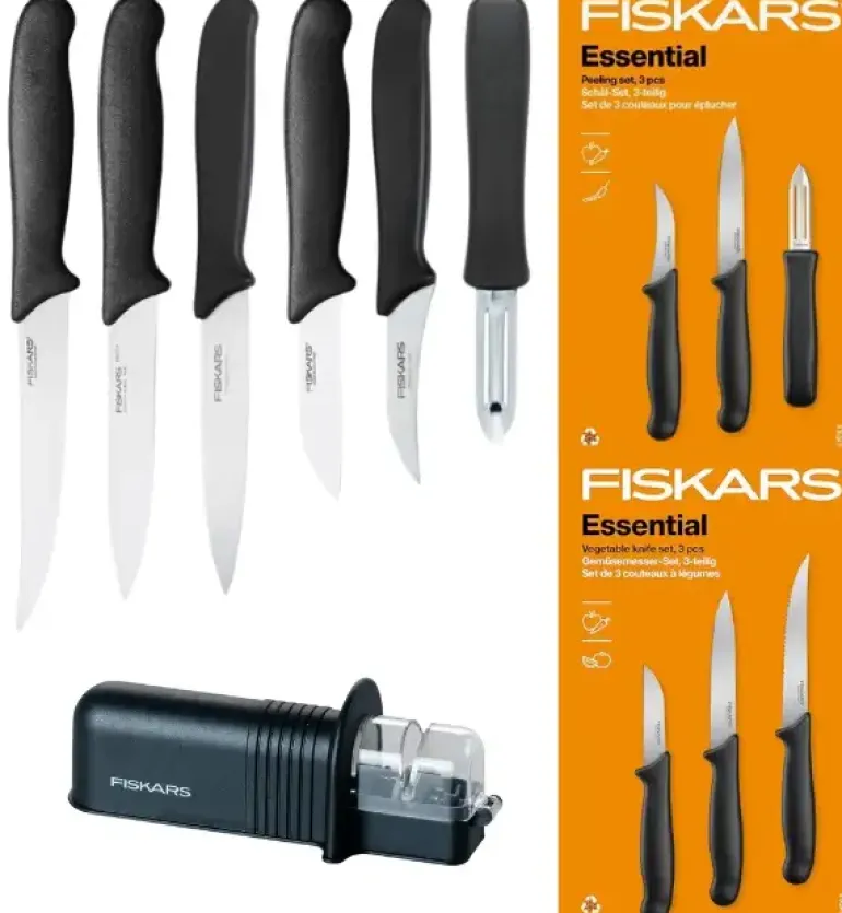FISKARS ESSENTIAL Komplet 6 noży (do warzyw i do obierania) / stal nierdzewna HRC 53 + Ostrzałka ESSENTIAL