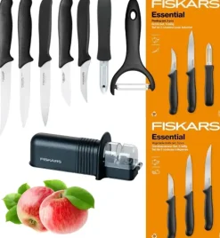 FISKARS ESSENTIAL Komplet 6 noży (do warzyw i do obierania) / stal nierdzewna HRC 53 + Ostrzałka + Skrobaczka ESSENTIAL