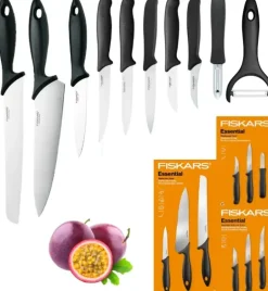 FISKARS ESSENTIAL Zestaw 9 noży (kuchenne +do warzyw +do obierania) w pudełku / stal nierdzewna + Skrobaczka ESSENTIAL