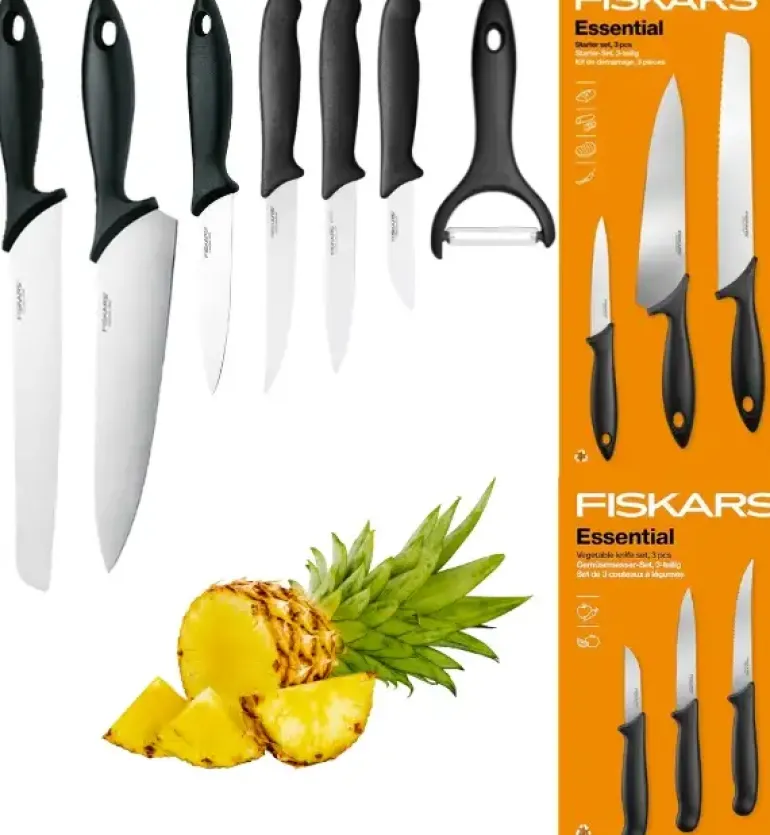 FISKARS ESSENTIAL Zestaw 6 noży (kuchenne +do warzyw) w pudełku / stal nierdzewna HRC 53 + Skrobaczka ESSENTIAL
