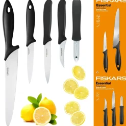FISKARS ESSENTIAL Zestaw 5 noży (kuchenne + do obierania) w pudełku + Ostrzałka ESSENTIAL