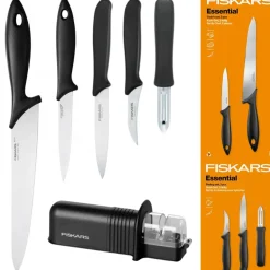 FISKARS ESSENTIAL Zestaw 5 noży (kuchenne + do obierania) w pudełku + Ostrzałka ESSENTIAL