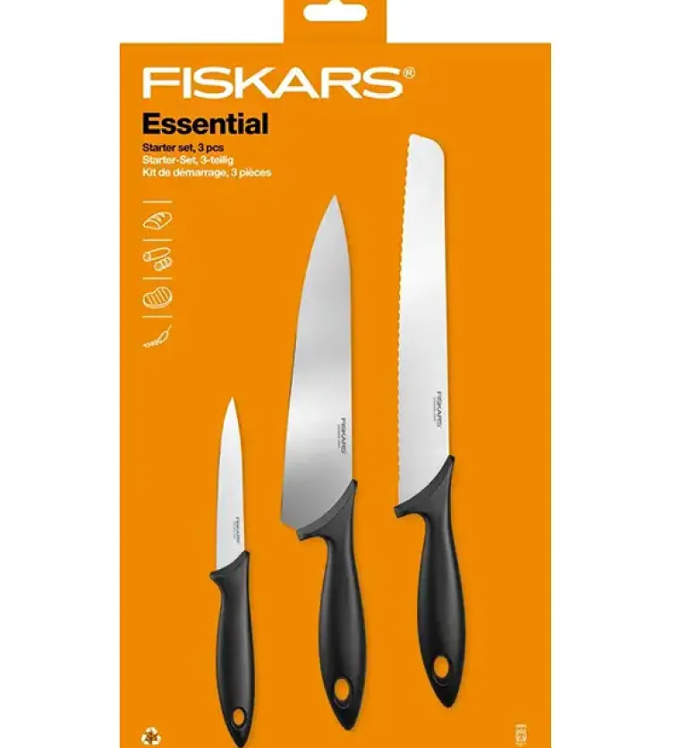 FISKARS ESSENTIAL Zestaw 9 noży (kuchenne +do warzyw +do obierania) w pudełku / stal nierdzewna HRC 53