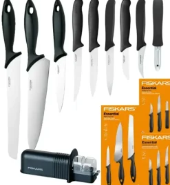 FISKARS ESSENTIAL Zestaw 9 noży (kuchenne +do warzyw +do obierania) w pudełku + Ostrzałka ESSENTIAL