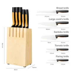 FISKARS FUNCTIONAL FORM Komplet 5 noży kuchennych w bloku drewnianym + Ostrzałka Essential