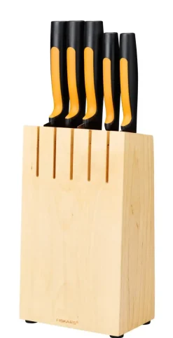FISKARS FUNCTIONAL FORM Komplet 5 noży kuchennych w bloku drewnianym + Ostrzałka Essential