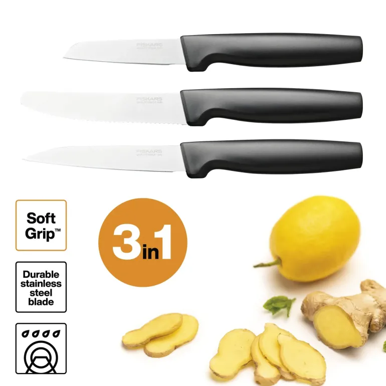 FISKARS FUNCTIONAL FORM 10577561+1057551 Komplet 4 noży kuchennych + deska do krojenia 35x25 cm w pudełku + ostrzałka ceramiczna Essential Roll-Sharp