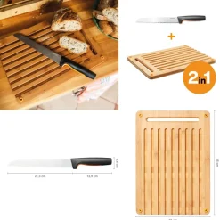 FISKARS FUNCTIONAL FORM 10577561+1057551 Komplet 4 noży kuchennych + deska do krojenia 35x25 cm w pudełku + ostrzałka ceramiczna Essential Roll-Sharp