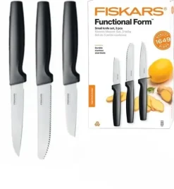 FISKARS FUNCTIONAL FORM 10577561+1057551 Komplet 4 noży kuchennych + deska do krojenia 35x25 cm w pudełku + ostrzałka ceramiczna Essential Roll-Sharp