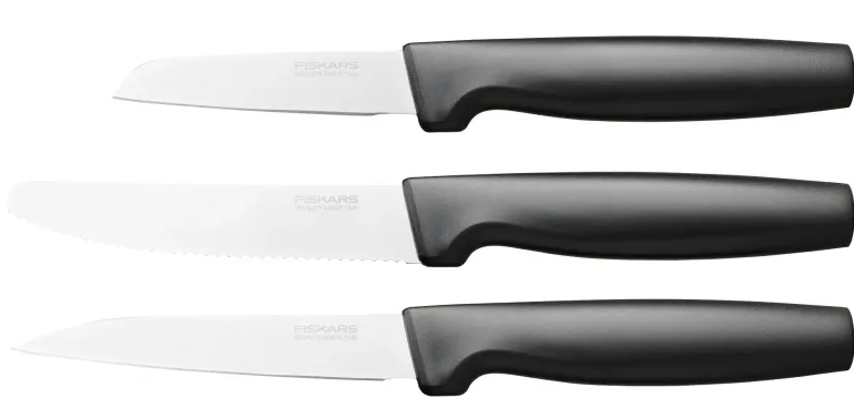 FISKARS FUNCTIONAL FORM 10577561+1057551 Komplet 4 noży kuchennych + deska do krojenia 35x25 cm w pudełku + ostrzałka ceramiczna Essential Roll-Sharp