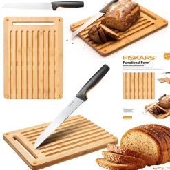 FISKARS FUNCTIONAL FORM 10577561+1057551 Komplet 4 noży kuchennych + deska do krojenia 35x25 cm w pudełku + ostrzałka ceramiczna Essential Roll-Sharp