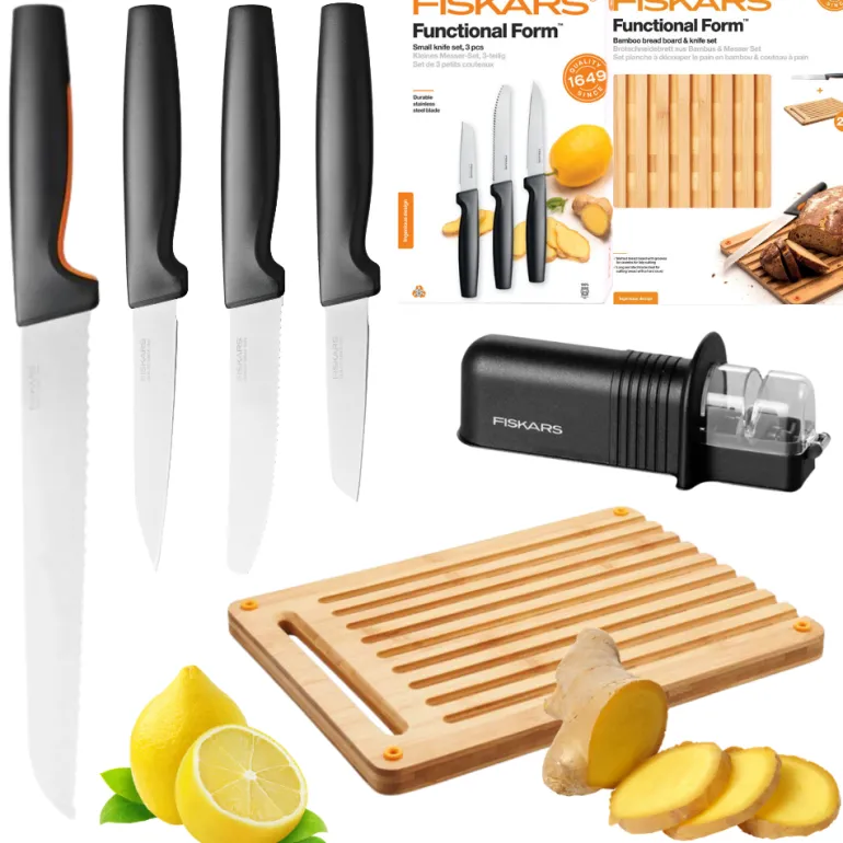FISKARS FUNCTIONAL FORM 10577561+1057551 Komplet 4 noży kuchennych + deska do krojenia 35x25 cm w pudełku + ostrzałka ceramiczna Essential Roll-Sharp