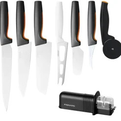 FISKARS FUNCTIONAL FORM Komplet 7 noży kuchennych luzem + Ostrzałka ESSENTIAL