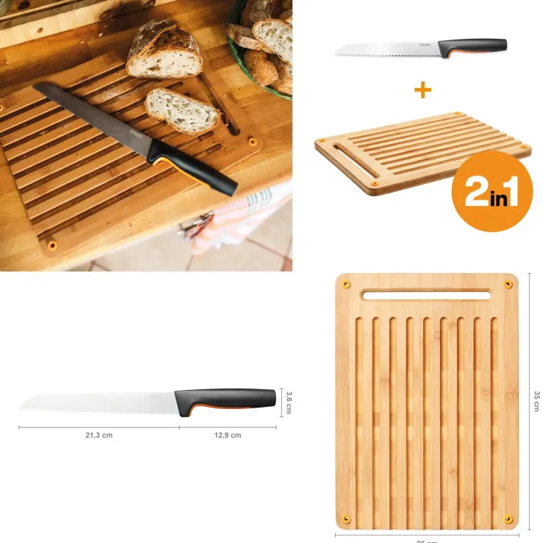 FISKARS FUNCTIONAL FORM 1057556+1057551 Komplet 4 noży kuchennych + deska do krojenia 35x25 cm + ostrzałka ceramiczna Essential Roll-Sharp