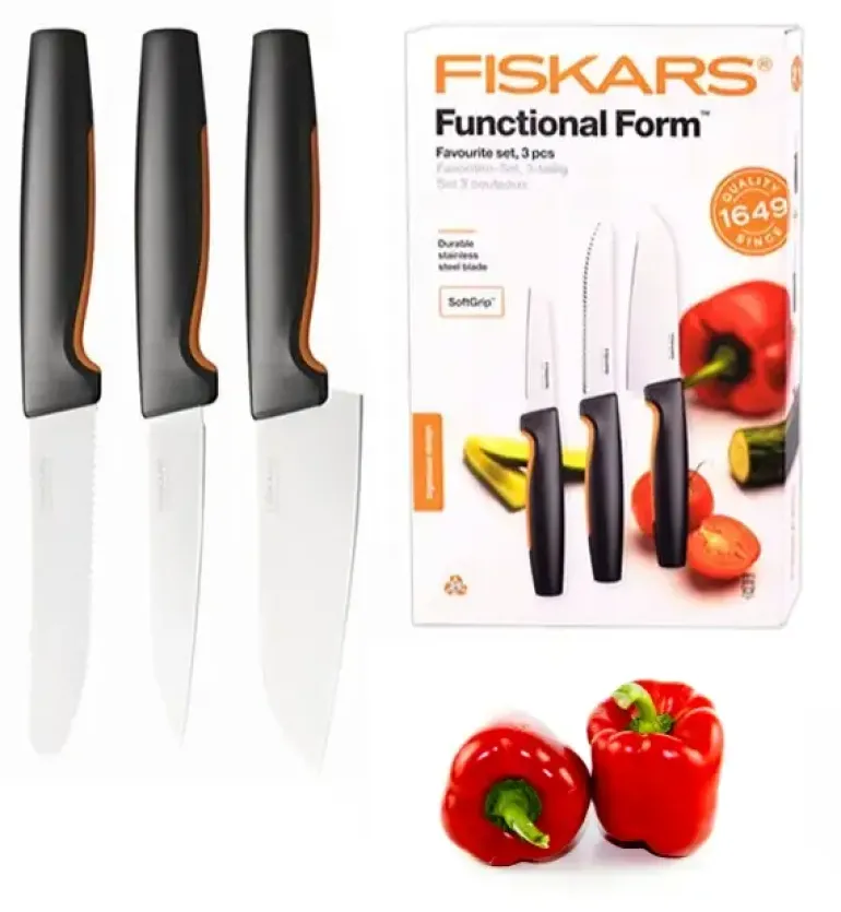 FISKARS FUNCTIONAL FORM 1057556+1057551 Komplet 4 noży kuchennych + deska do krojenia 35x25 cm + ostrzałka ceramiczna Essential Roll-Sharp