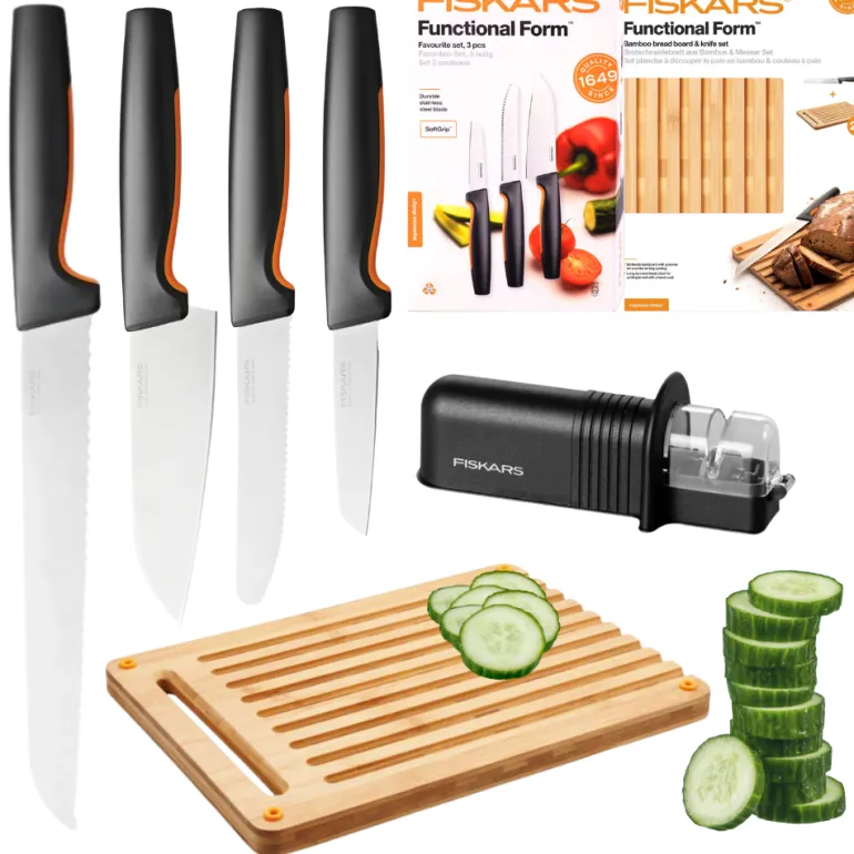 FISKARS FUNCTIONAL FORM 1057556+1057551 Komplet 4 noży kuchennych + deska do krojenia 35x25 cm + ostrzałka ceramiczna Essential Roll-Sharp