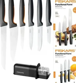 FISKARS FUNCTIONAL FORM 1057559+1057561 Komplet 6 noży kuchennych (3+3) w pudełkach + ostrzałka ESSENTIAL
