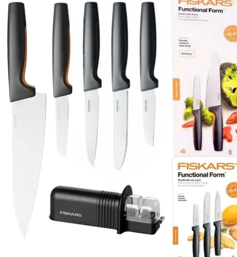 FISKARS FUNCTIONAL FORM 1057557+1057561 Komplet 5 noży (2+3) w pudełkach + ostrzałka ESSENTIAL