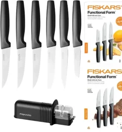 FISKARS FUNCTIONAL FORM 1057561+1057564 Komplet 6 noży kuchennych w pudełkach + ostrzałka ESSENTIAL