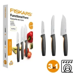 FISKARS FUNCTIONAL FORM 1057556+1057551 Komplet 4 noży kuchennych + deska do krojenia 35x25 cm w pudełku