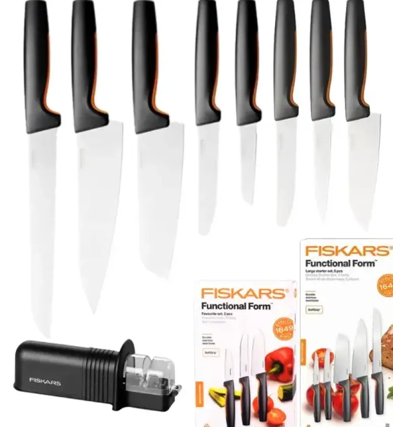 FISKARS FUNCTIONAL FORM 1057556+1057558 Komplet 8 noży (3+5) w pudełkach + ostrzałka ESSENTIAL