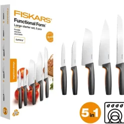 FISKARS FUNCTIONAL FORM 1057556+1057558 Komplet 8 noży (3+5) w pudełkach + ostrzałka ESSENTIAL