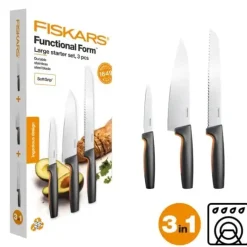 FISKARS FUNCTIONAL FORM 1057559 Komplet 3 noży kuchennych STARTER SET w pudełku + Ostrzałka ESSENTIAL