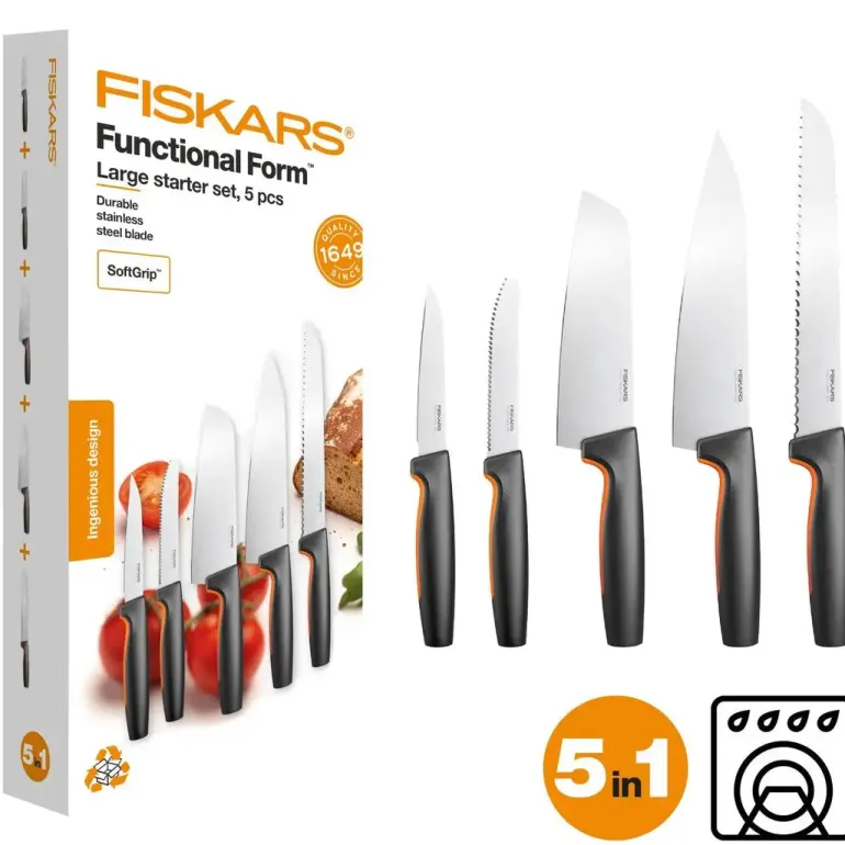 FISKARS FUNCTIONAL FORM 1057558 Komplet 5 noży kuchennych STARTER SET w pudełku + ostrzałka Fiskars Essential