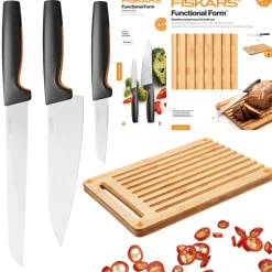 FISKARS FUNCTIONAL FORM 1057557+1057551 Komplet 3 noży kuchennych + deska do krojenia 35x25 cm w pudełku