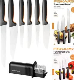 FISKARS FUNCTIONAL FORM 1057556+1057559 Komplet 6 noży (3+3) w pudełkach + ostrzałka ESSENTIAL