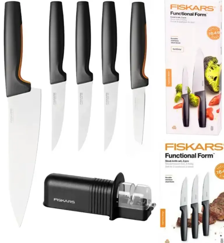 FISKARS FUNCTIONAL FORM 1057557+1057564 Komplet 5 noży kuchennych (2+3) w pudełkach + ostrzałka ESSENTIAL