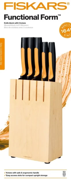 FISKARS FUNCTIONAL FORM Komplet 5 noży kuchennych w bloku drewnianym + Ostrzałka Functional Form