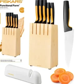 FISKARS FUNCTIONAL FORM Komplet 5 noży kuchennych w bloku drewnianym + Ostrzałka Functional Form