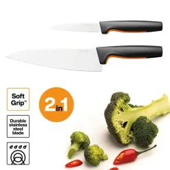 FISKARS FUNCTIONAL FORM 1057557+1057551 Komplet 3 noży kuchennych + deska do krojenia 35x25 cm w pudełku + ostrzałka ceramiczna Essential Roll-Sharp