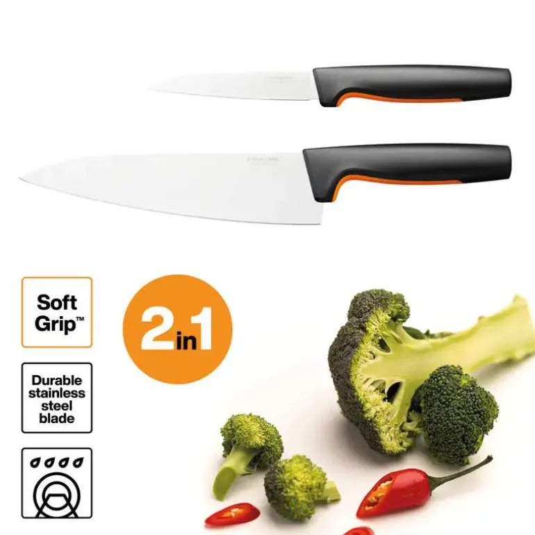 FISKARS FUNCTIONAL FORM 1057557+1057551 Komplet 3 noży kuchennych + deska do krojenia 35x25 cm w pudełku + ostrzałka ceramiczna Essential Roll-Sharp