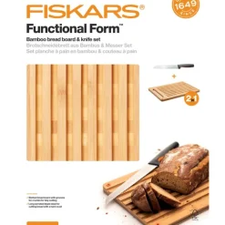 FISKARS FUNCTIONAL FORM 1057557+1057551 Komplet 3 noży kuchennych + deska do krojenia 35x25 cm w pudełku + ostrzałka ceramiczna Essential Roll-Sharp