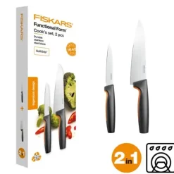 FISKARS FUNCTIONAL FORM 1057557+1057551 Komplet 3 noży kuchennych + deska do krojenia 35x25 cm w pudełku + ostrzałka ceramiczna Essential Roll-Sharp