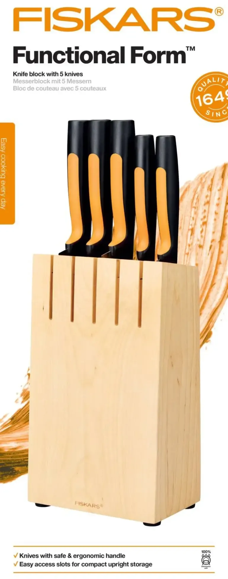 FISKARS FUNCTIONAL FORM Komplet 5 noży kuchennych w bloku drewnianym